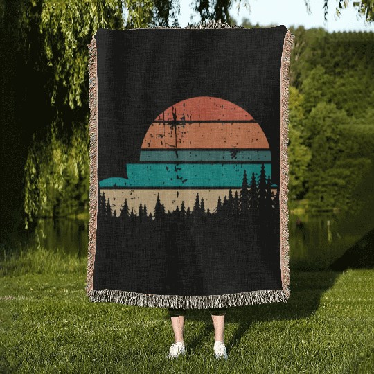 Retro Evergreen Sunset Stepped Circle Design Woven Blankets