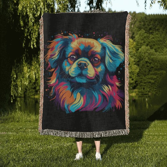 Watercolor Colorful Tibetan Spaniel Woven Blankets