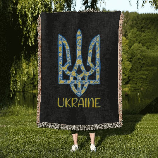 Ukraine trident in Ukrainian flag colors Woven Blankets