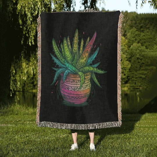 Psychedelic Aloe Vera Succulent Plant Gardener Woven Blankets