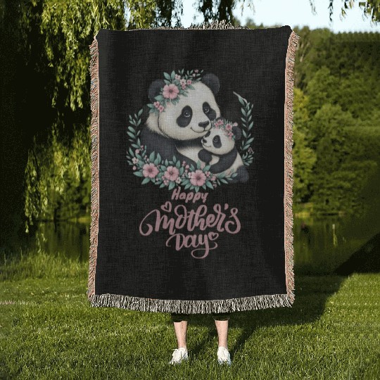 Happy Mother's Day Floral Wreath Mum Panda Woven Blankets