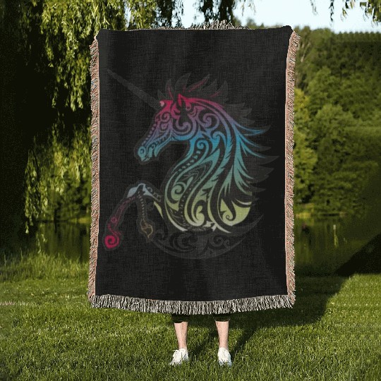 Mystical Rainbow Unicorn Art Woven Blankets