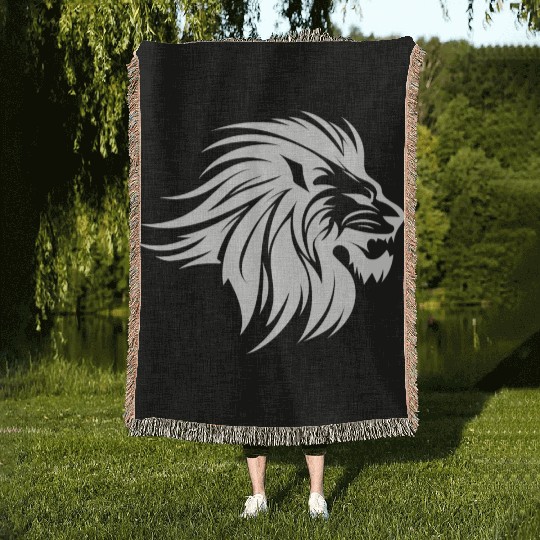 Waving Mane Lion Head Tattoo Ink Style Woven Blankets