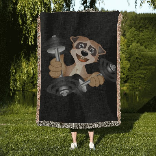 Bodybuilder meerkat with dumbbells training Woven Blankets