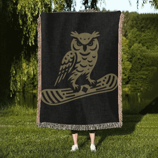 Minimalist Design: Owl Snowboarder Silhouette Woven Blankets