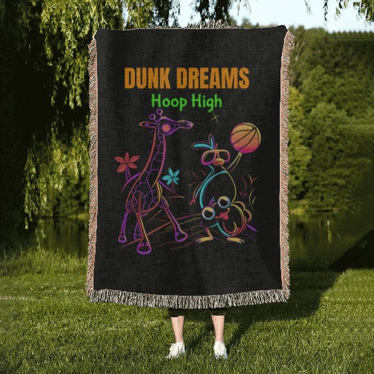 Slam Dunk Safari: Neon Hoops with Giraffe &Penguin Woven Blankets