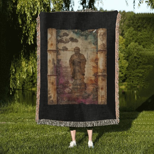 Vintage Papyrus Scroll Japanese God Silhouette Woven Blankets