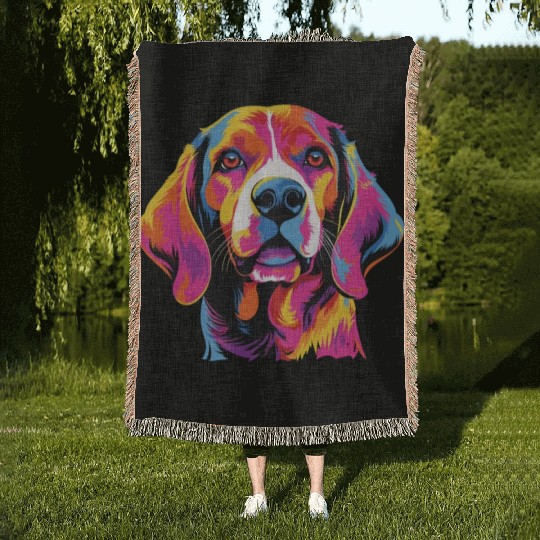 Watercolor Colorful Beagle Harrier Woven Blankets