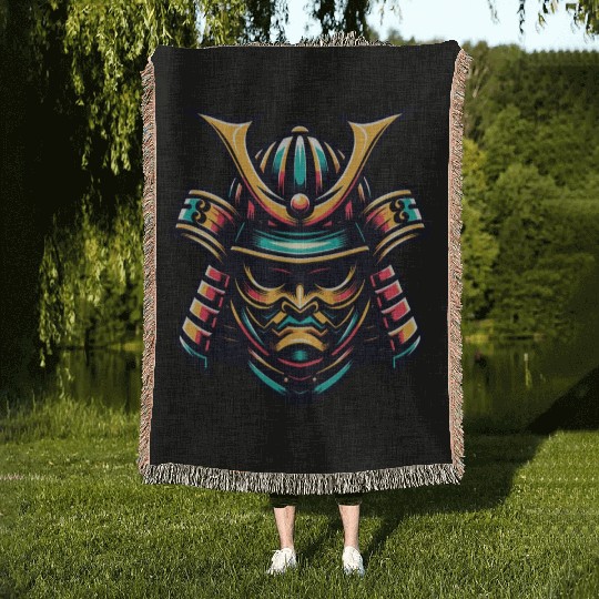 Samurai Warrior Helmet Vector Art Woven Blankets