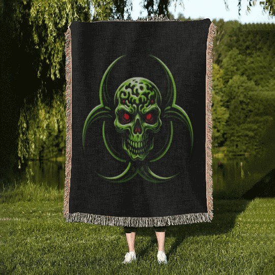 Green Biohazard Zombie Alien Woven Blankets