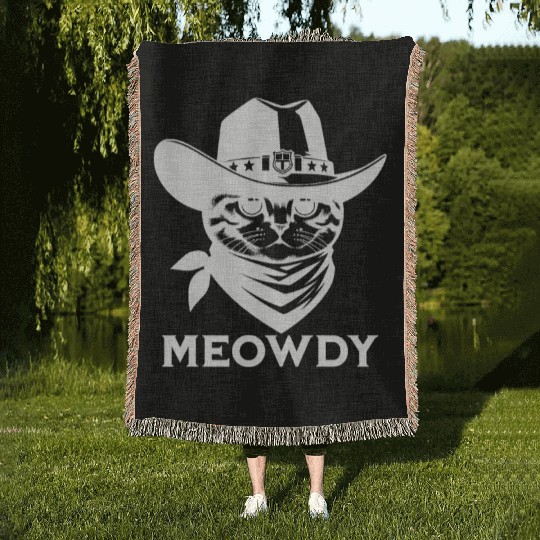 Cute Meowdy Cat Cowboy Pun Woven Blankets