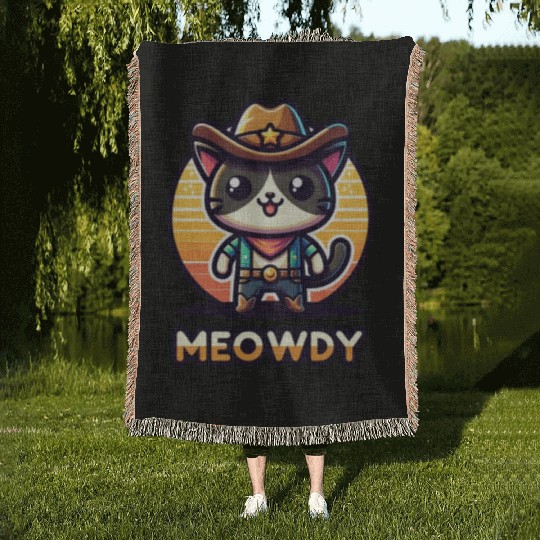 Cute Meowdy Cat Cowboy Pun Woven Blankets