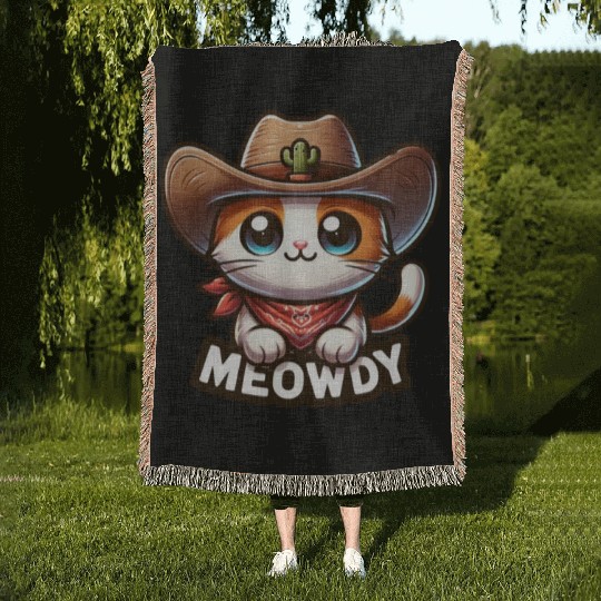 Cute Meowdy Cat Cowboy Pun Woven Blankets