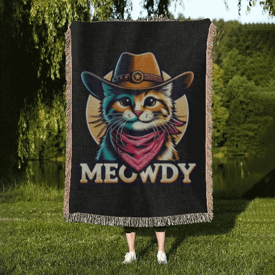 Cute Meowdy Cat Cowboy Pun Woven Blankets