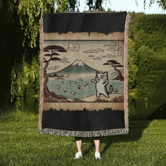 Mt. Fuji Kitten Papyrus Scroll Retro Japanese Art Woven Blankets