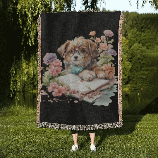cute cartoon puppy wearing glasses Woven Blankets