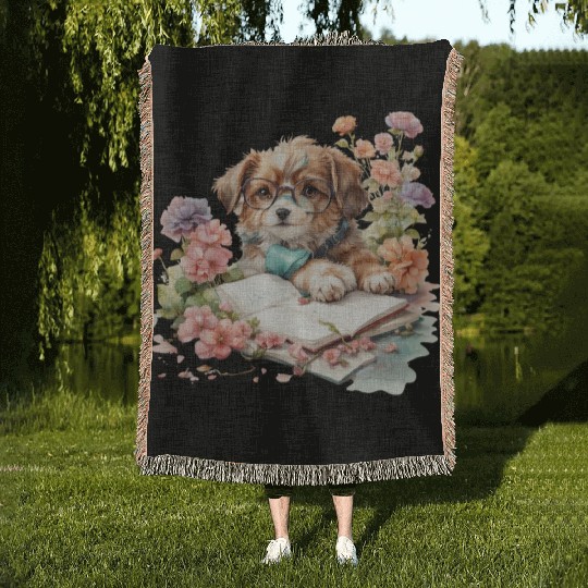 cute cartoon puppy wearing glasses Woven Blankets
