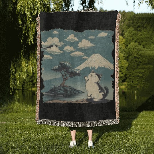 Mt. Fuji Kitten Papyrus Scroll Retro Japanese Art Woven Blankets