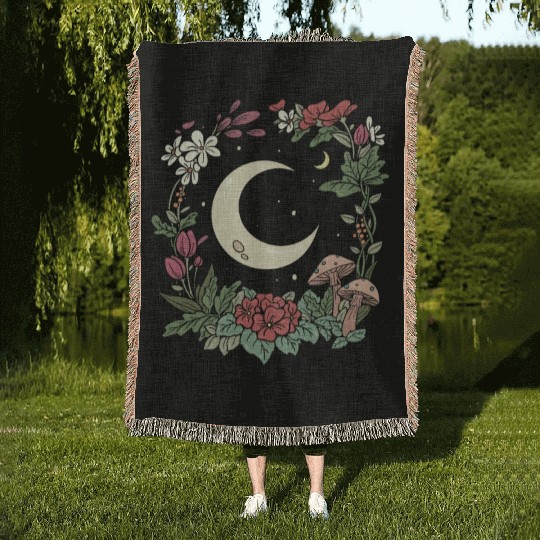 Mushroom Moon Cottagecore Naturecore Woven Blankets