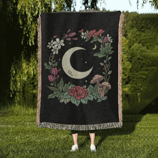 Mushroom Moon Cottagecore Naturecore Woven Blankets