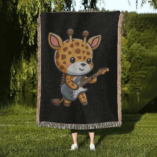 Cute giraffe musician plays guitar Woven Blankets