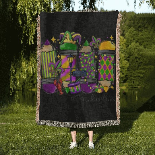 mardi gras teacher life Woven Blankets