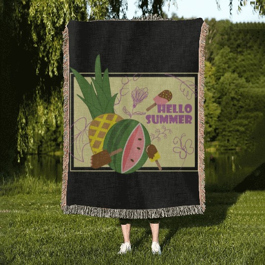 Hello summer fruit ice cream flowers & butterfly Woven Blankets
