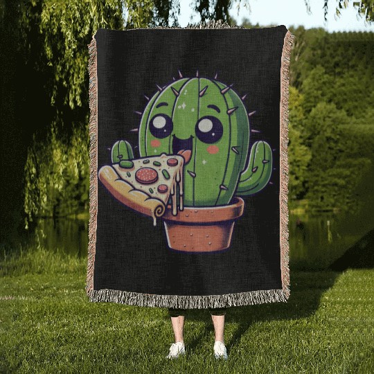 Cute Cactus Pizza Comic Woven Blankets