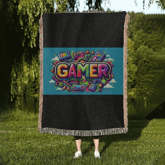 Neon Arcade Retro Gamer Woven Blankets