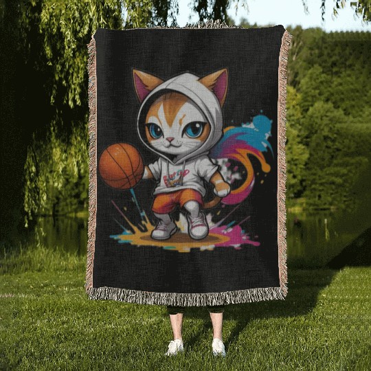 cute cat in Woven Blankets is playing basketball