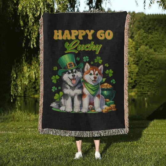 Happy Go Lucky Cute Husky St Patricks Day Woven Blankets