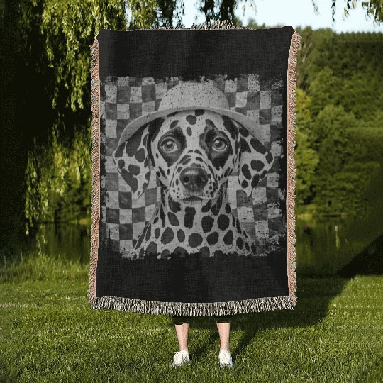 funny Dalmatian with hat Woven Blankets