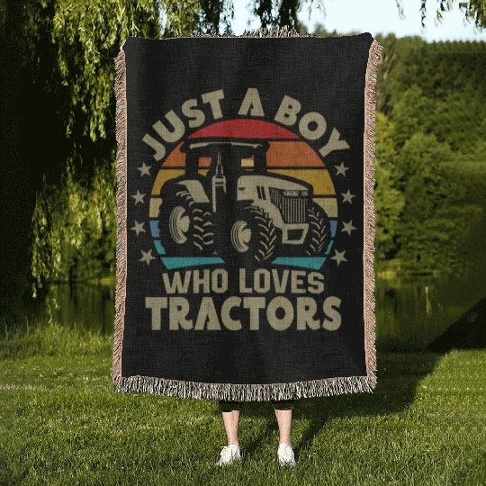 Just a Boy Who Loves Tractors Funny Boys Kids Farm Woven Blankets