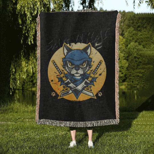 Samurai Cat, Ninja Cat, Cat Assassin, Warrior Cat Woven Blankets