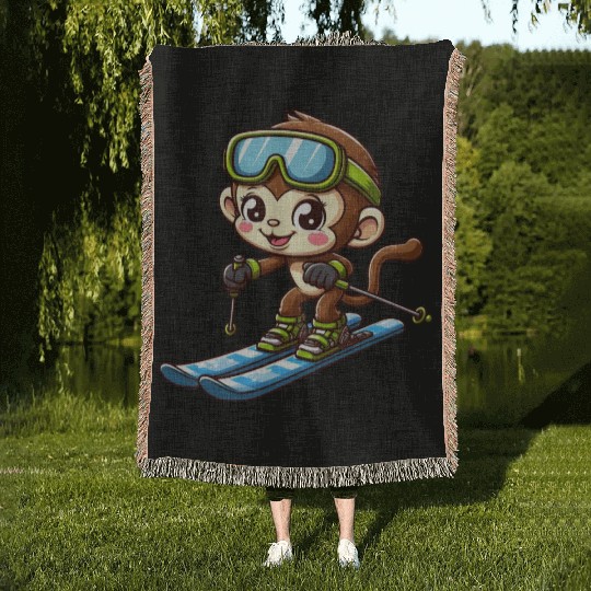 Monkey Chimpanzee Skier Winter Sports Vacation Woven Blankets
