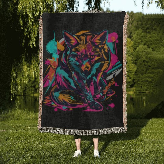 Retro Vibe Fox: Neon Pop Art Majesty Woven Blankets