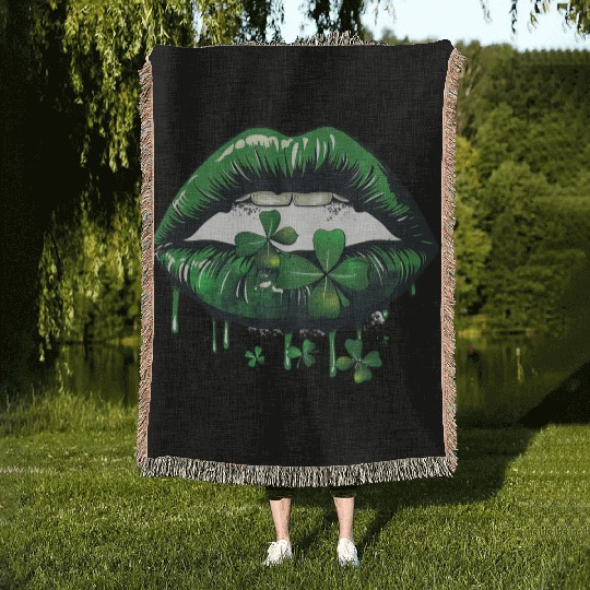 St Patrick Irish Green Lips Woven Blankets