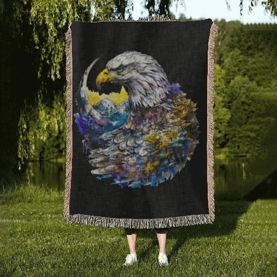 Wilderness Watercolor Forest Moon Eagle Woven Blankets