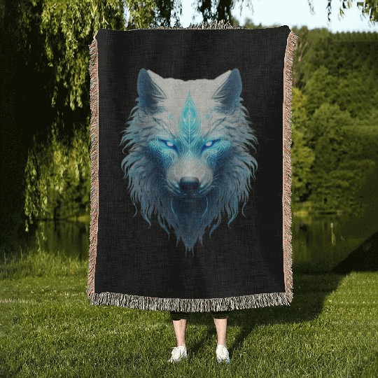 Spirit animal wolf with glowing blue tribal marks Woven Blankets