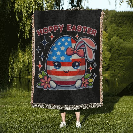 Hoppy Easter - American Flag Easter Egg Bunny Ears Woven Blankets