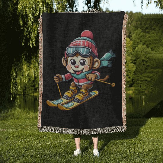 Monkey Chimpanzee Skier Winter Vacation Design Woven Blankets