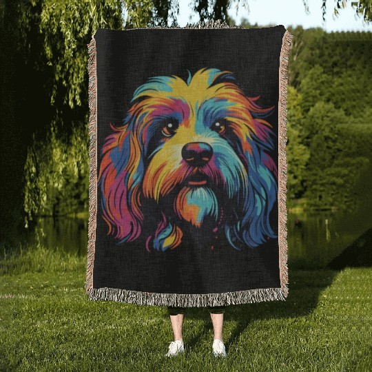 Watercolor Colorful Tibetan Spaniel Woven Blankets