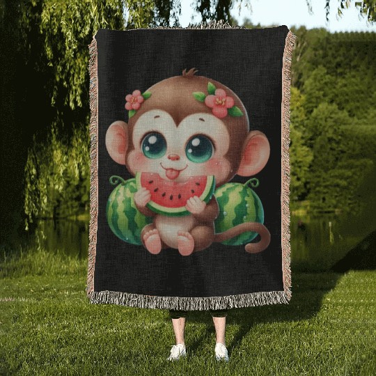 Monkey Eating Watermelon Woven Blankets