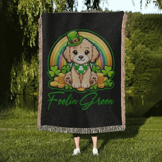 Feelin Green Puppy Rainbow Funny St Patrick's Day Woven Blankets