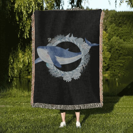 blue whale fish in coral reef in watercolor style Woven Blankets
