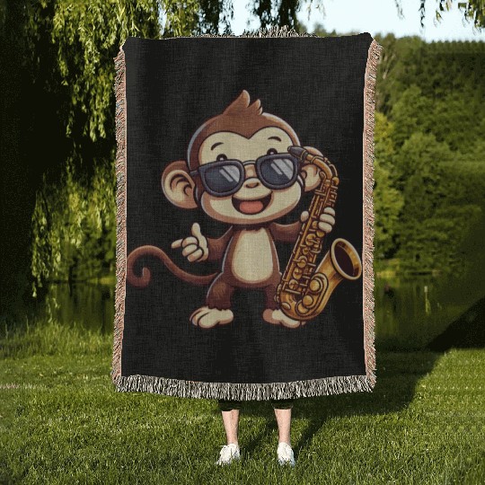 Jazz Saxophone Monkey Chimpanzee Music Lover Woven Blankets
