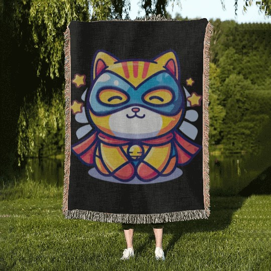 Superhero Kawaii Cat Woven Blankets