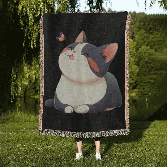 Kawaii Cat and Butterfly Woven Blankets