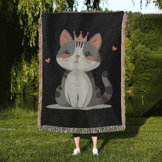 Kawaii Cat Queen and Hearts Woven Blankets