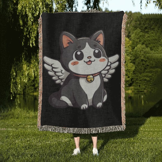 Kawaii Cat Angel Woven Blankets